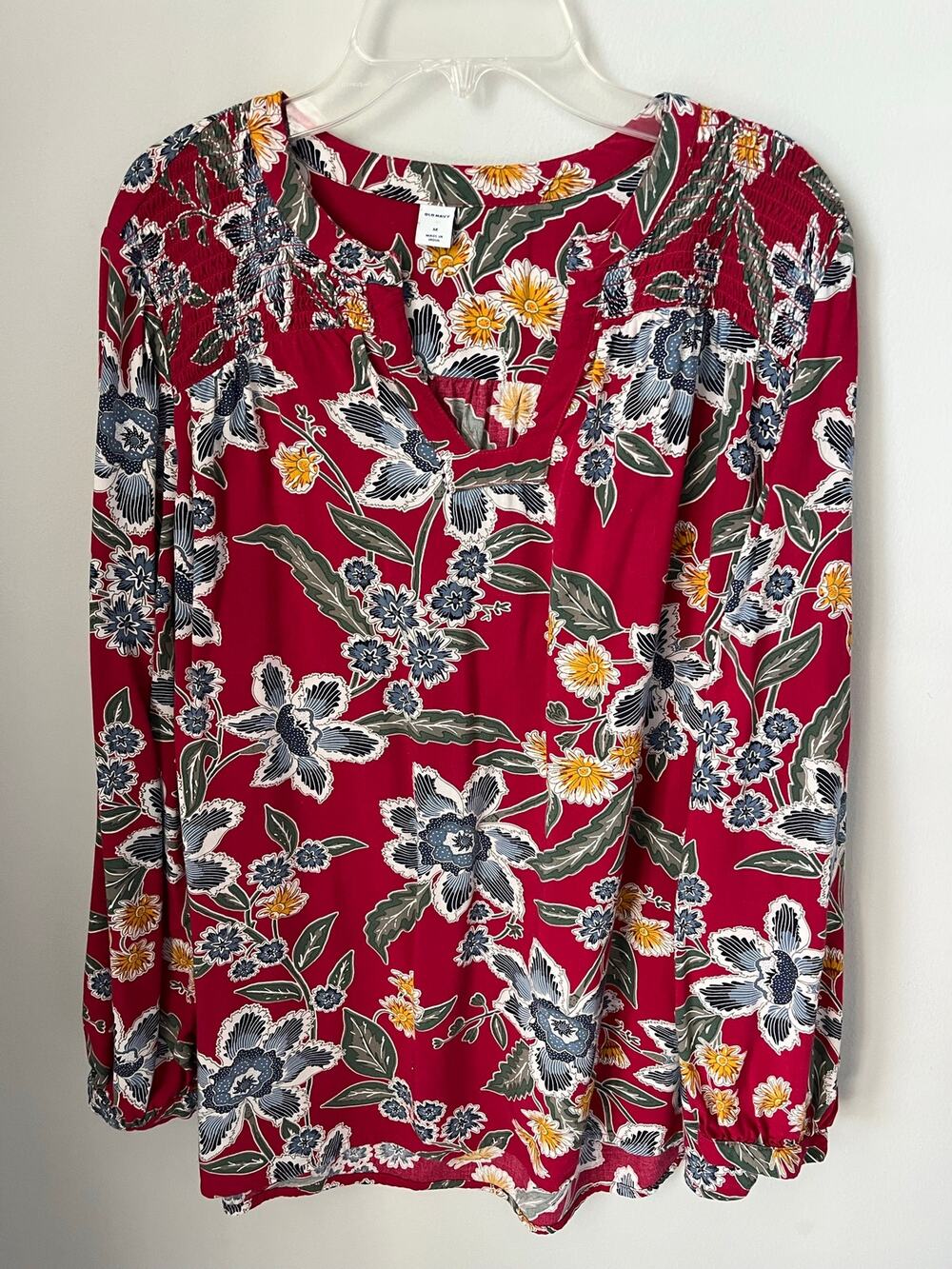 Old Navy Blouse Floral Boho Peasant Smocked Long Sleeves Casual Red Medium